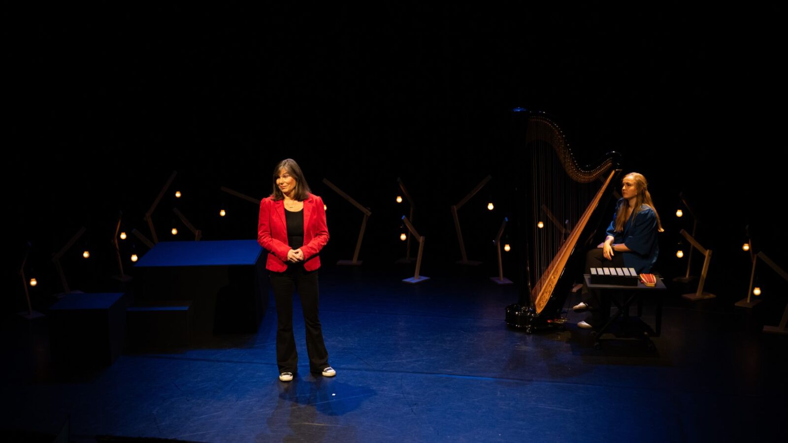 Scènefoto van de toneelvoorstelling Afslag Gewist van Debby Petter & Emma Finkers. Geschreven door Youp van 't Hek. Te zien in Flint Theater Amersfoort.