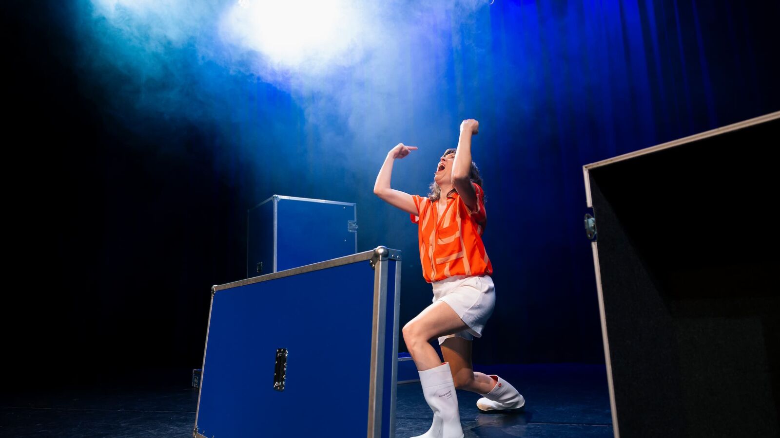Scènefoto van de cabaretvoorstelling Pluk eventueel de dag van Janneke de Bijl. Te zien in Flint Theater Amersfoort. Fotocredits: Anne van Zantwijk