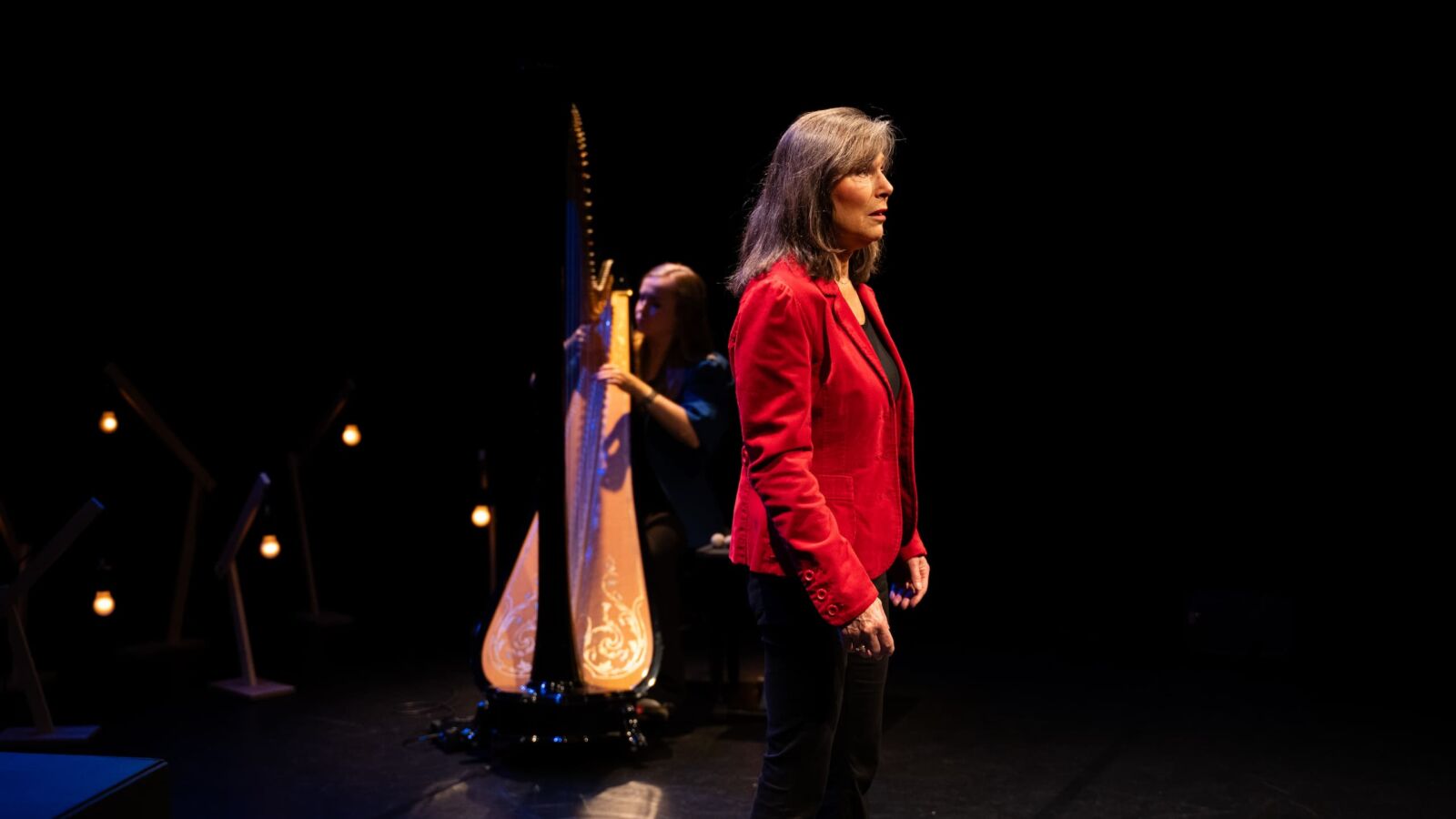 Scènefoto van de toneelvoorstelling Afslag Gewist van Debby Petter & Emma Finkers. Geschreven door Youp van 't Hek. Te zien in Flint Theater Amersfoort.